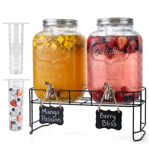 2 Gallon Glass Drinks For Parties With Stand.Stainless Steel Spigots & Metal Stand (2 Gallon Double With Stand)