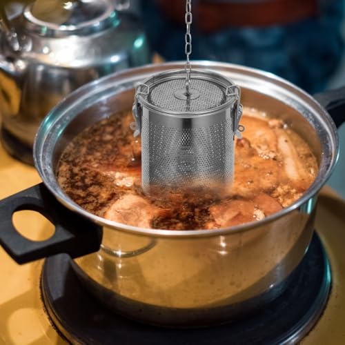 Stainless Steel Soup Seasoning Basket with Fine Mesh Strainer and Long Chain Reusable Spice Bag for Broth Stews and Tea Infusion Easy to Clean 5.11X4.44X4.44In