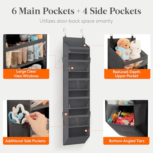 1 Pack Over the Door Organizer 6 Section Hanging Storage (Dark Gray / 6 section)