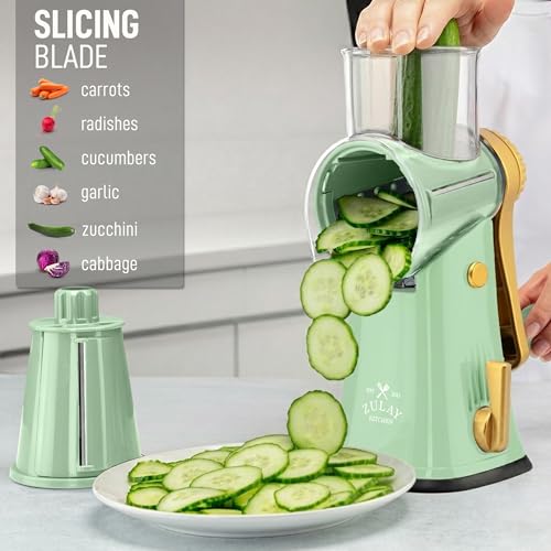 Rotary Cheese Grater Manual Hand Crank 5 Blade Shredder (5 Blades / Sea Foam & Gold)
