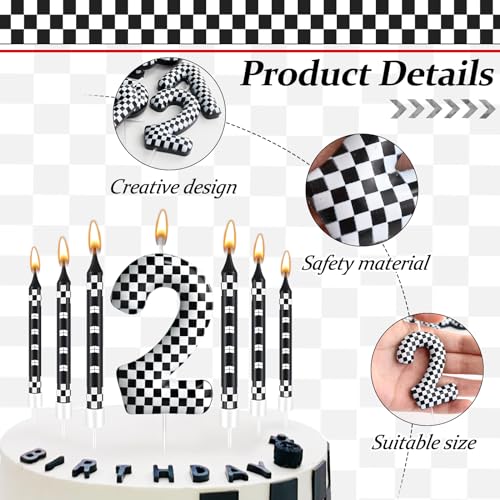 13 Pcs Racing Cars Themed Birthday Candles Black and White Race Number 2 Checkered Candle Cake Topper for Racing Car Party Decoration Supplies (13 Count)