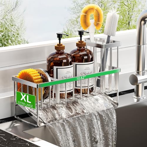 Extra Large Silver Kitchen Sink Caddy Organzier with High Brush Holder