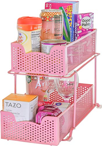 2 Tier Sliding Cabinet Basket Organizer Drawer (Pink / 1-Pack)