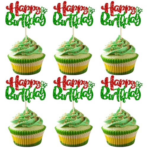 24Pcs Happy Birthday Cupcake Toppers Double Layer Glitter Happy Birthday Cake Decorations for Christmas Theme Baby Shower Anniversary Party Decorations Supplies Red Green (Style 1 / Red Green)