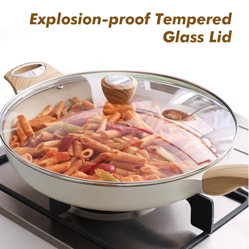 12.5inch Ceramic Nonstick Frying Pan Paella Pan with Lid (12.5 Inch / CREAM White)