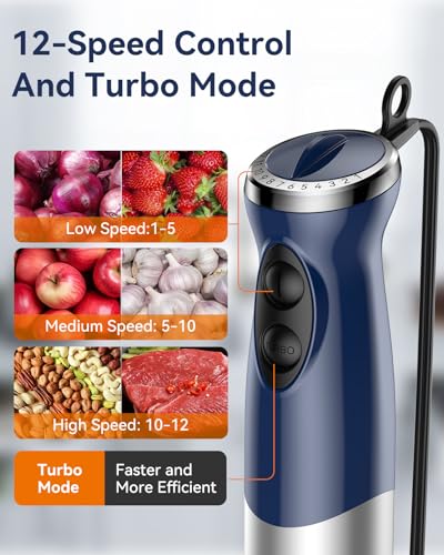 Immersion Blender Handheld 1000W 5 in 1 Corded Stick Hand Blender Kitchen with 12 Speed (Blue)