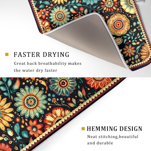 Boho Floral Dish Drying Mat for Kitchen Counter Absorbent Microfiber Flowers Drying Pad 18 X 24 In (Boho Floral Black A / 24" x 18")