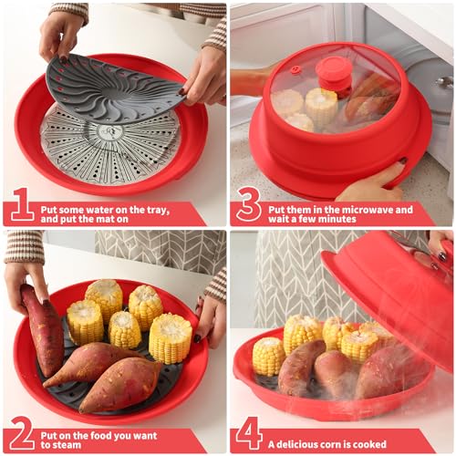 Microwave Splatter Silicone Cover Collapsible Steamer (10.5-11 inch / Red)