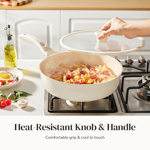 Nonstick Deep Frying Pan with Lid (Beige / 10inch Saute Pan With Lid)
