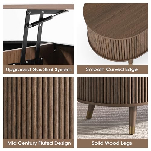 Oval Lift Top Coffee Table with Storage for Living Room (Warm Walnut)