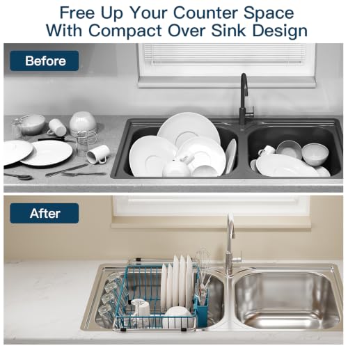 Blue Expandable Dish Drying Rack Over Sink with Anti (Blue / For 11.5"-16" W Sink with Cup Holder)