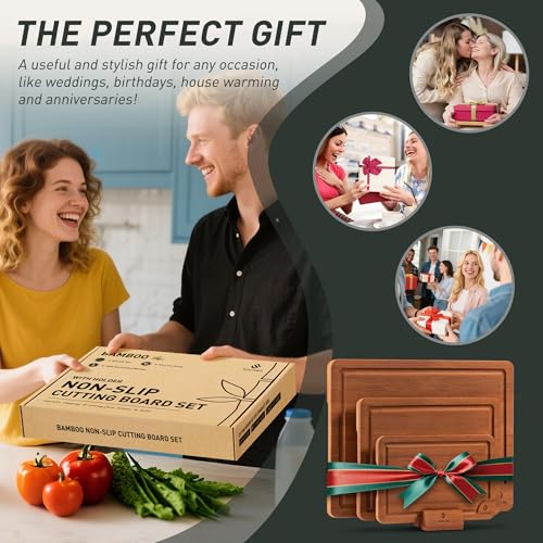 3 Packs Bamboo Cutting Board Set with Non Slip Feet Holder and Over Sink Nice Solid Thick Wood Juice Groove Chopping Board Extra Large Big Small Best Hardwood Kitchen Organic Vegetable Meat BBQ Kit (3 Pack with Holder / Brown)