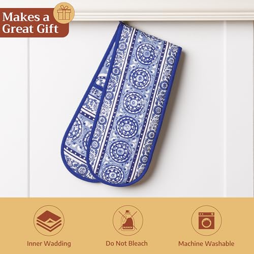Double Oven Mitts 100% Cotton Double Oven Glove (014 - Melodie Bleue / 7" x 35" (Double Oven Mitt))