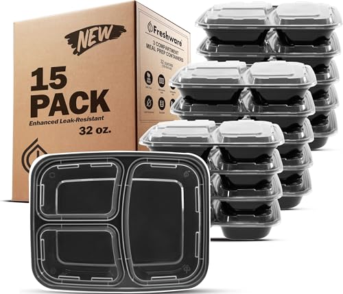 Meal Prep Containers [15 Pack] 3 Compartment with Lids (32OZ-15PK)