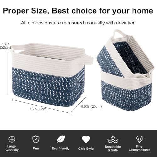 Cotton Rope Storage Baskets for Organizing White Blue 3 (White Blue / 3 pcs-13”x9.9”x8.7”)