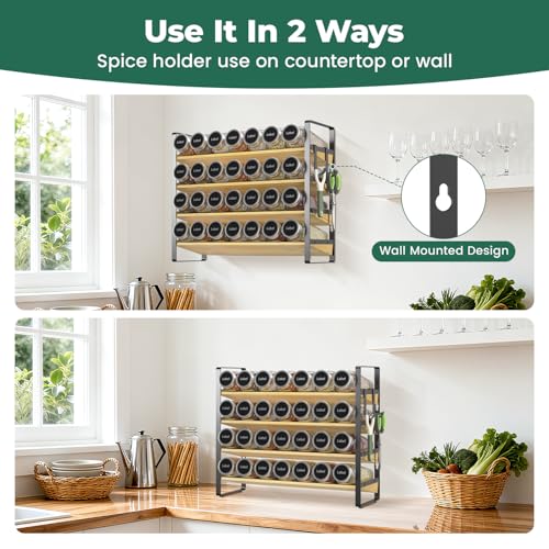 Spice Seasoning Rack Organizer Kitchen Countertop (Matte Black+Bamboo)