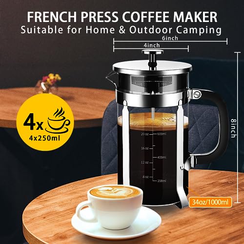 French Press Coffee Maker 304 Stainless Steel Coffee Press (Silvery / 34 oz)