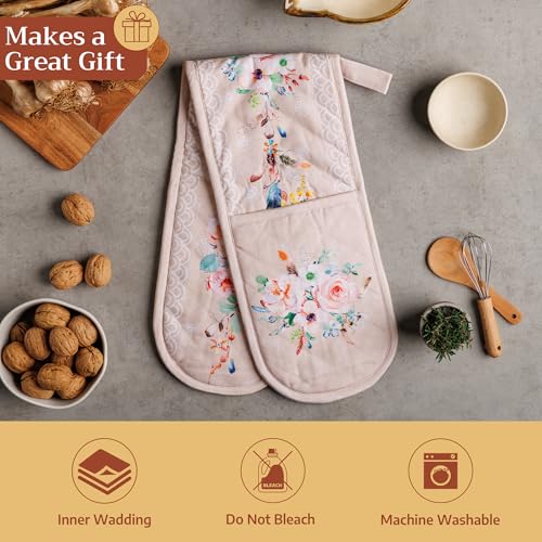 Double Oven Mitts 100% Cotton Double Oven Glove (065 - Ibiza - Beige / 7" x 35" (Double Oven Mitt))