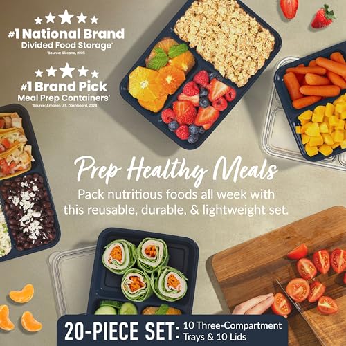 Prep 3 Compartment Meal Prep Containers with Lids (Navy Blue)