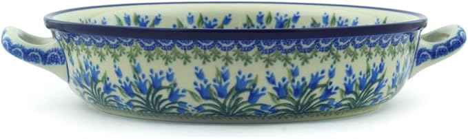 Polmedia Polish Pottery Round Baker with Handles 10-inch - Feathery Bluebells Pattern Handmade in Boleslawiec Poland by Ceramika Artystyczna + Certificate of Authenticity