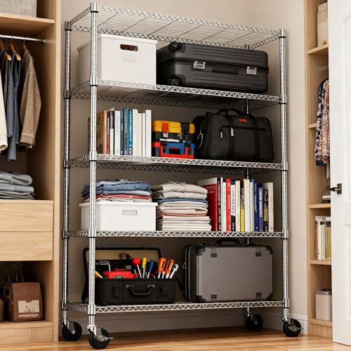 1750LBS 47.2" W 5 Tiers Storage Shelves Metal Shelving Unit with Wheels Heavy Duty Garage Shelving Adjustable Wire Shelves for Pantry (5 tier, 17.7" D x 47.2" W x 76.8" H / Chrome)