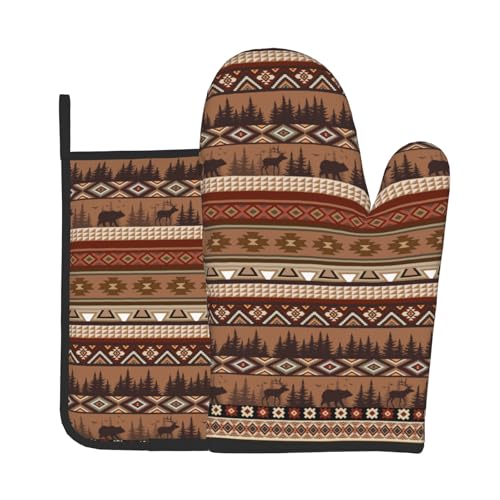Rustic Bear Deer Oven Mitts and Pot Holder Sets Boho Ethnic Hot Pads Non (Rustic Bear Deer)