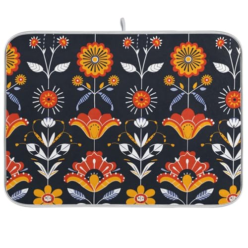 Floral Folk Art Dish Drying Mat for Kitchen Counter Absorbent Microfiber Drying Pad (16" x 18")
