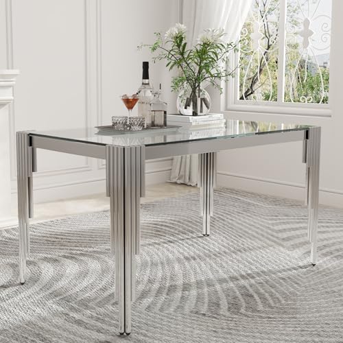 51'' Modern Glass Dining Table for 4 People (Silver-clear / Rectangle-51.18" L x 31.50" W x 29.53" H)