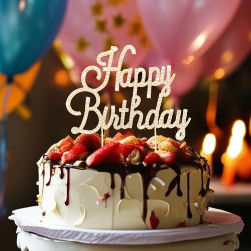 Gold Happy Birthday Cake Topper Metal Rhinestones Birthday Cake Decorations for Women (happy birthday)