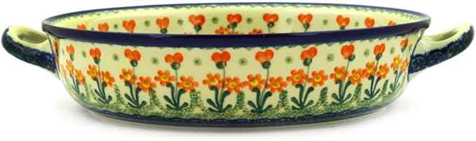 Polmedia Polish Pottery Round Baker with Handles 10-inch - Peach Spring Daisy Pattern Handmade in Boleslawiec Poland by Ceramika Artystyczna + Certificate of Authenticity