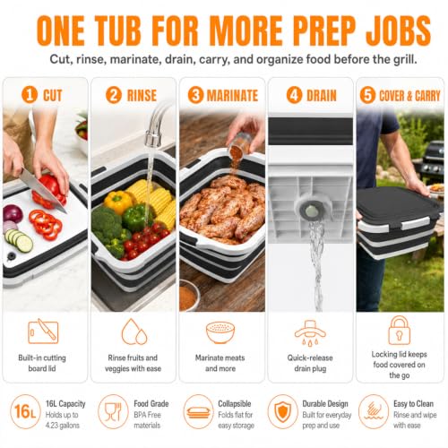 BBQ Prep Tub 16L Black Collapsible Sink with Cutting Board Lid (Black / X-Large)