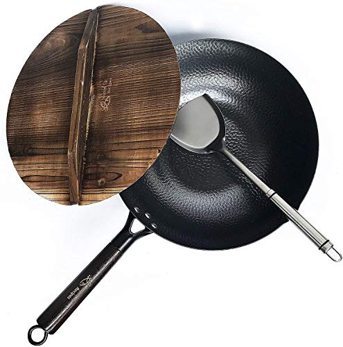12.5 Inch Carbon Steel Wok For Electric (A-12.5 inch Wok with Wooden Lid)