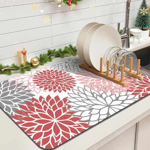 2Pcs Floral Christmas Dish Drying Mat & Sink Splash Guard (Red / 16" X 24" + 24" X 5.5")