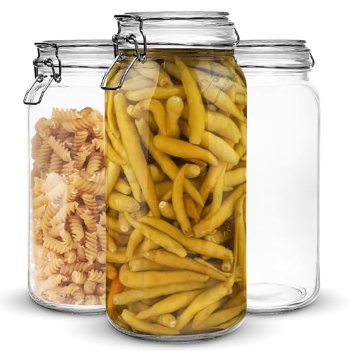 Set of 3 Glass Mason Jar 64 Ounces with Airtight Lid Large Jars With Stainless Steel Bail And Trigger Clamps (68 oz 3 Pack)