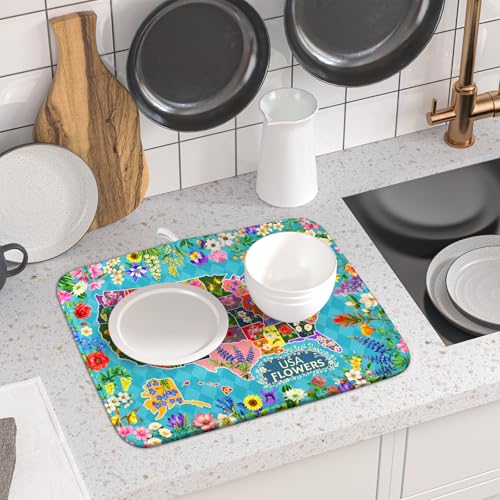 Flower Map Dish Drying Mat American Floral Decoration Coffee Mat for Kitchen Counter (Flower Map Green / 18" x 16")