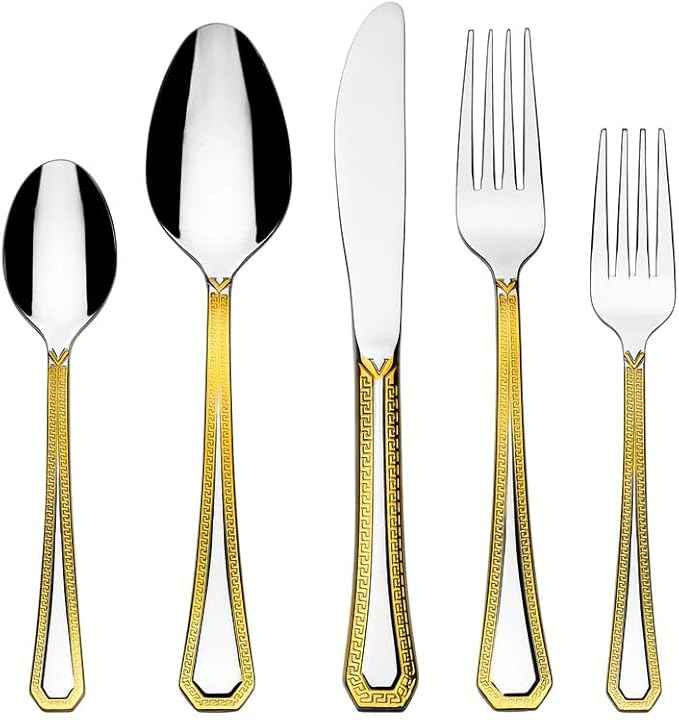HOMEHUT 97-Piece Gold Dinnerware Set with 18/10 Premium Stainless Steel Silverware Flatware - Greek Key Gold HQ Fine China Tableware Service for 8 People