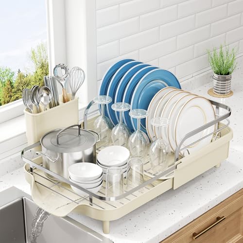 Expandable Dish Drying Rack for Kitchen Counter (Beige)