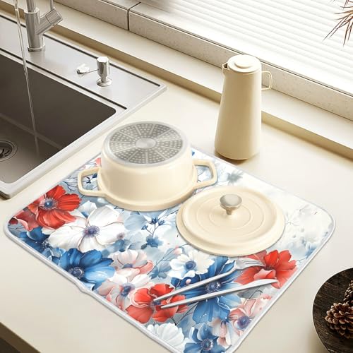 4th of July Patriotic Blue Red White Flowers Dish Drying Mat for Kitchen Ccounter Absorbent Microfiber Small Independence Day Drying Pad Dish Mats for Kitchen Countertops 16 x 18 Inch (18" x 16")