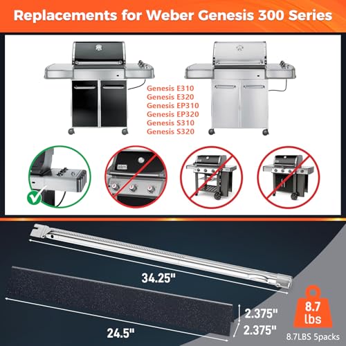 SUS304 34.5" Grill Burners & 24.5" Flavorizer Bars for Weber Genesis 300 Series (L1 24.5")