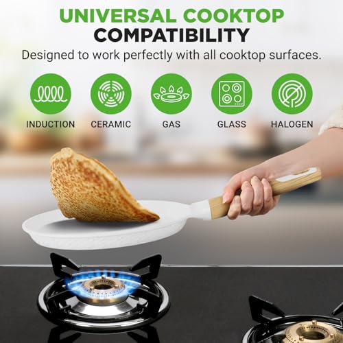 2-Pack Non-Stick Crepe Pan Set, 9.4" Marble Coated Dosa Pans with Wooden Spreaders, Bakelite and Wood Handles, Induction-Compatible, Dishwasher Safe, Even Heat Distribution, White Cream (Cream / 9" (2-Pack))