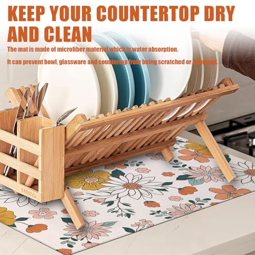 Boho Flower Dish Drying Mat for Kitchen Counter Microfiber Absorbent Dish Kitchen Drying Mat Draining Reusable Washable for Dishes