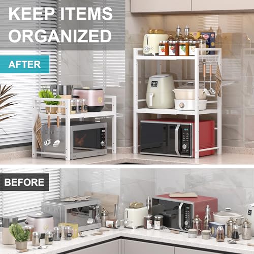 Expandable Microwave Stand Kitchen Countertop Organizer (White / 3 Tier (Without Spice Rack))