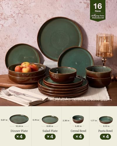 Milkyway 16 Piece Stoneware Dinnerware Set with Pasta Bowls (Moss Green & Cocoa / Service for 4 (Include Pasta Bowls))