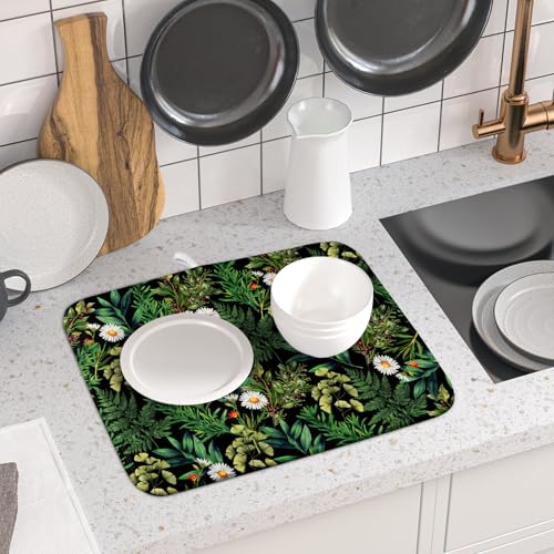 Green Botanical Dish Drying Mat 16x18 Inch Plant Leaf Fast Dry Dish Drainer Rack Mats Absorbent Microfiber Protector for Countertops Sinks (Green Botanical / 16" x 16")