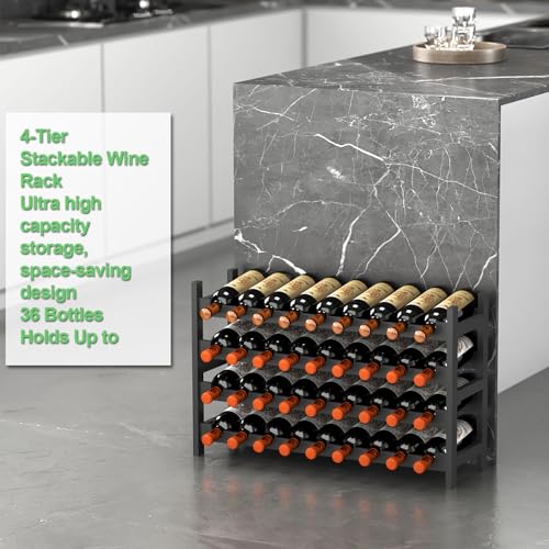 Wine Rack Freestanding Floor (Black Finish 4-tier Without Glass Holder)