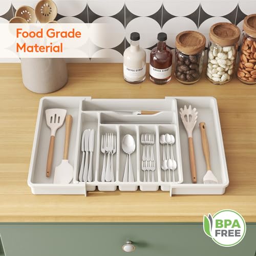Expandable Silverware Drawer Organizer (White / XL (13-22.4"W × 15"D ))