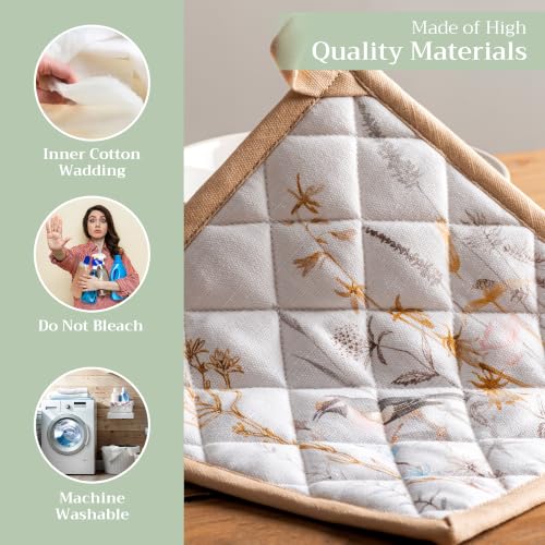Pot Holders 100% Cotton Potholders (088 - Meadow Florals - Beige / 8" x 8" (Pot Holder Pack of 2))