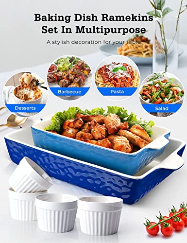 Ceramic Baking Dish and Ramekins Set Casserole Dish with Handles Packaging Upgrade Nonstick Ceramic Bakeware Ramekins Bowls for Baking Souffle (Blue 2 set)