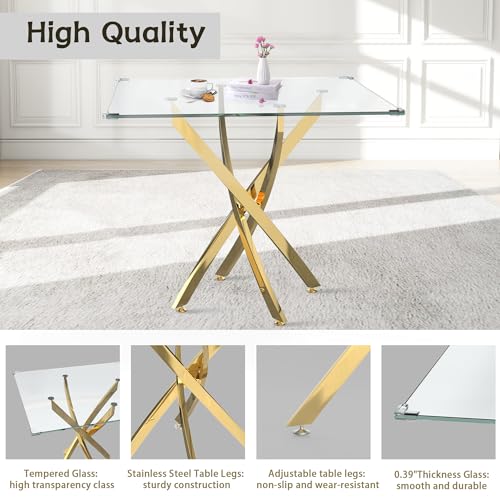 36" Square Glass Dining Table Set for 4 (Gold Square Table/White Velvet Chairs / 5 Pieces)