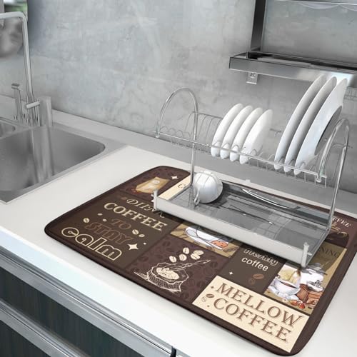 Brown Coffee Dish Drying Mat 18x24 Inch Coffee Cup Espresso Machine Pad Absorbent Washable Dish Rack Pad for Kitchen Counter Cafe Bar (brown coffee / 18" x 24")